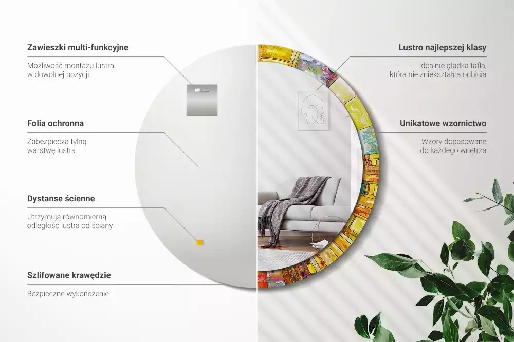 Lustro z drukowaną ramką okrągłe Kolorowy witraż