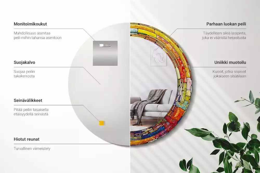 Lustro z drukowaną ramką okrągłe Kolorowy witraż