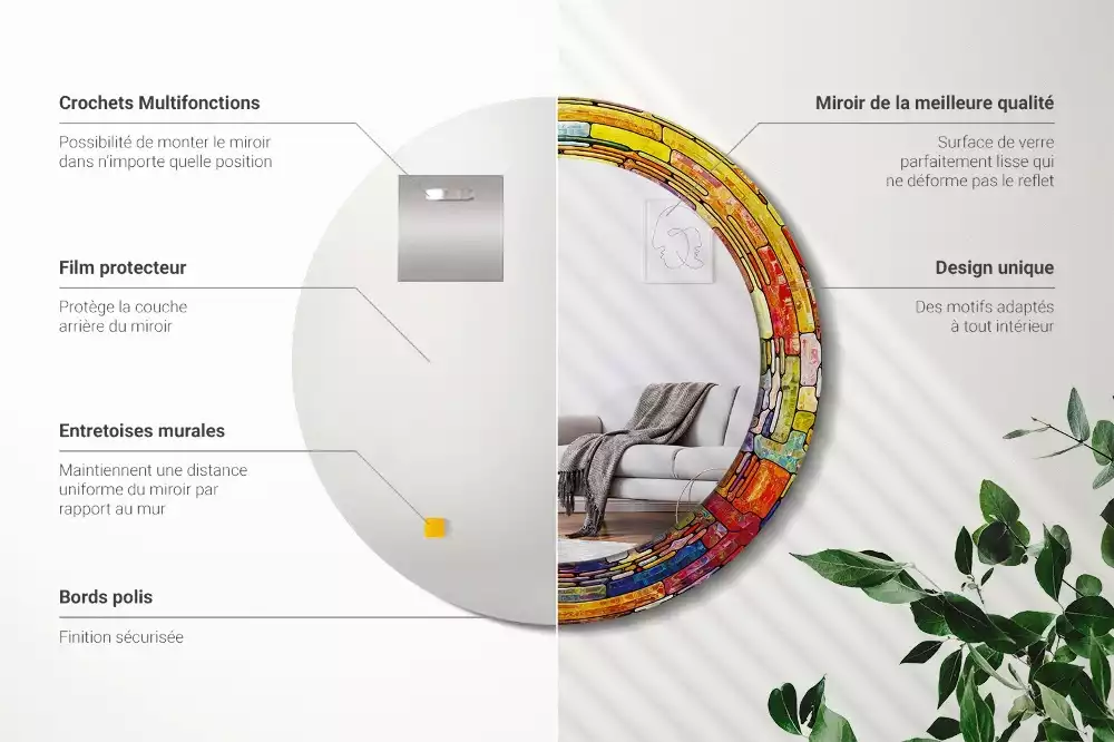 Lustro z drukowaną ramką okrągłe Kolorowy witraż