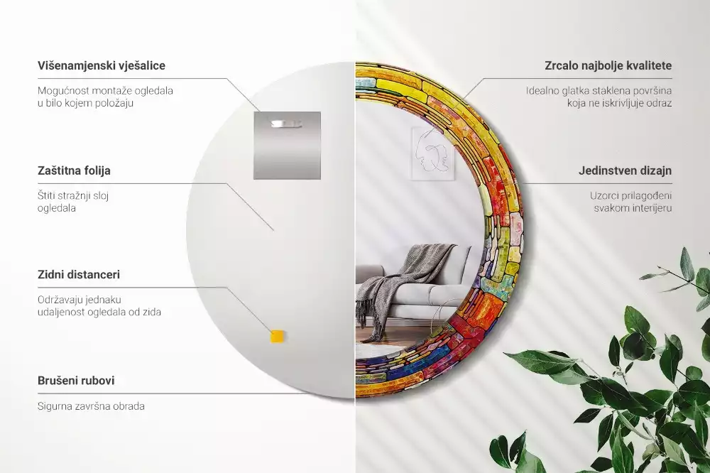 Lustro z drukowaną ramką okrągłe Kolorowy witraż