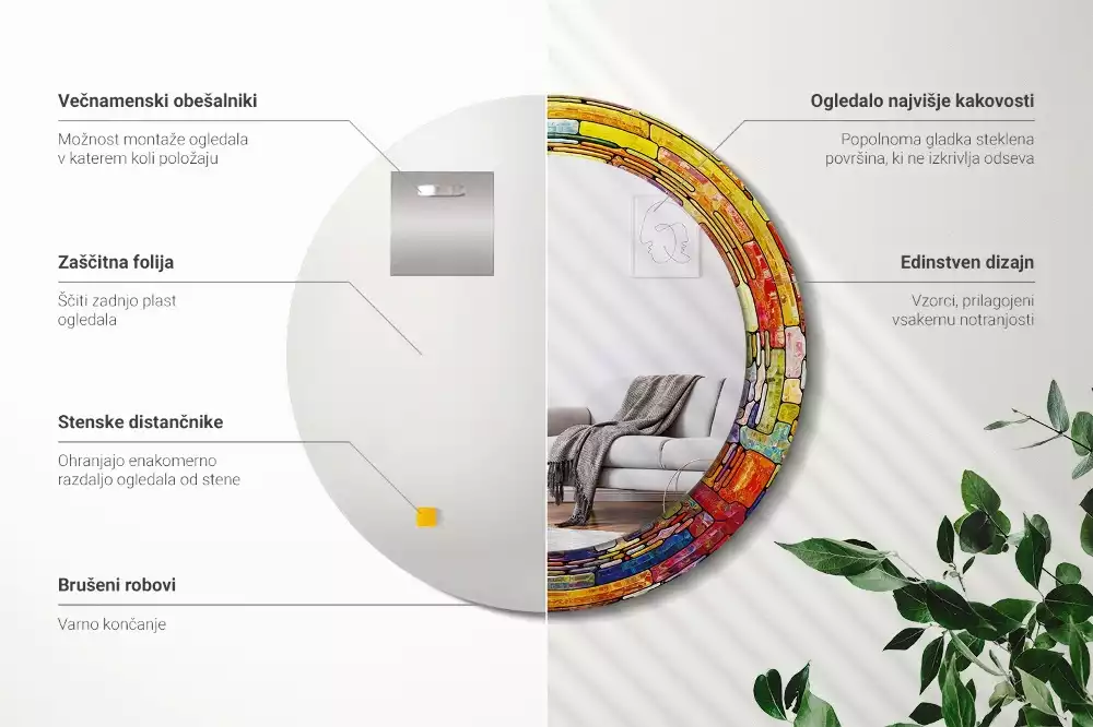 Lustro z drukowaną ramką okrągłe Kolorowy witraż