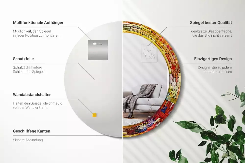 Lustro z drukowaną ramką okrągłe Kolorowy witraż