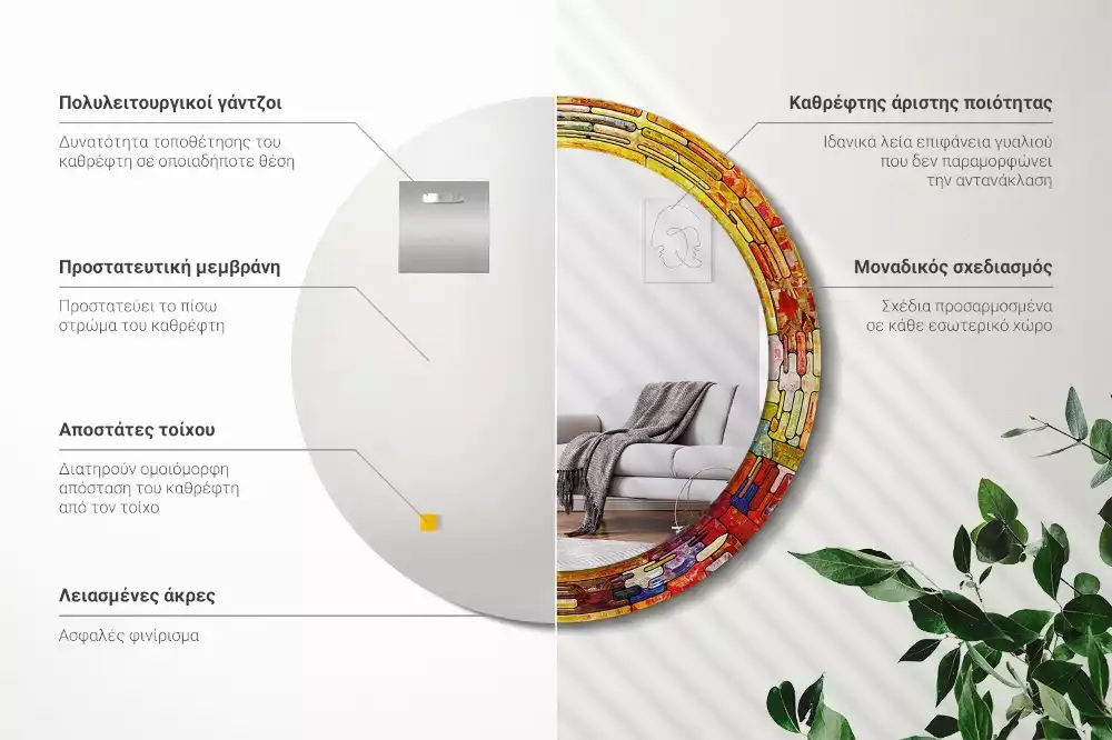 Lustro z drukowaną ramką okrągłe Kolorowy witraż