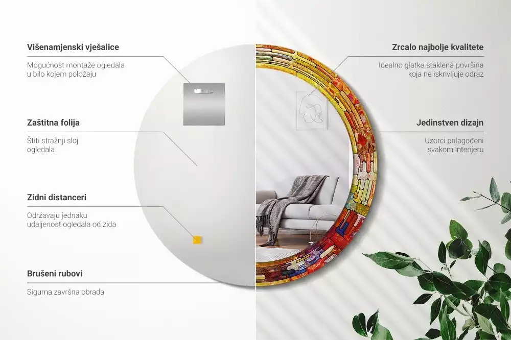 Lustro z drukowaną ramką okrągłe Kolorowy witraż