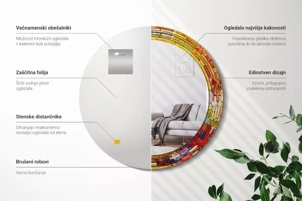 Lustro z drukowaną ramką okrągłe Kolorowy witraż