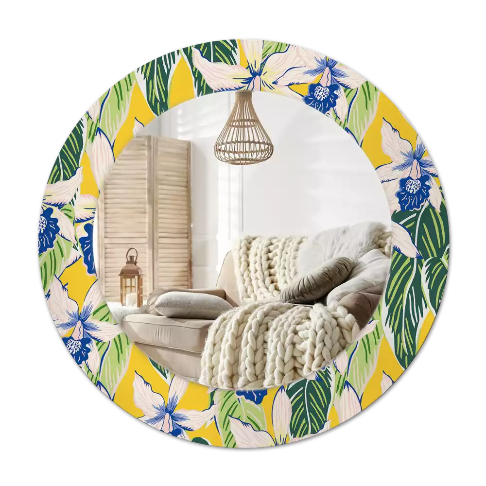 Lustro ścienne dekoracyjne w kształcie okręgu z motywem orchidei