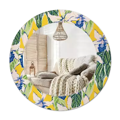 Lustro ścienne dekoracyjne w kształcie okręgu z motywem orchidei