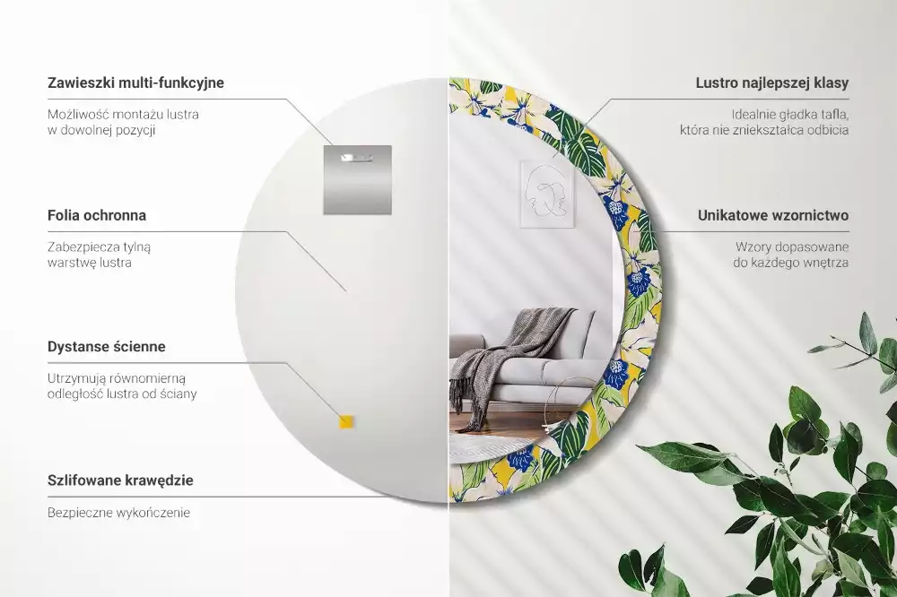 Lustro ścienne dekoracyjne w kształcie okręgu z motywem orchidei