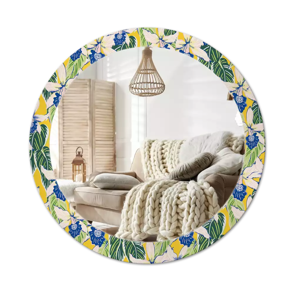 Lustro ścienne dekoracyjne w kształcie okręgu z motywem orchidei