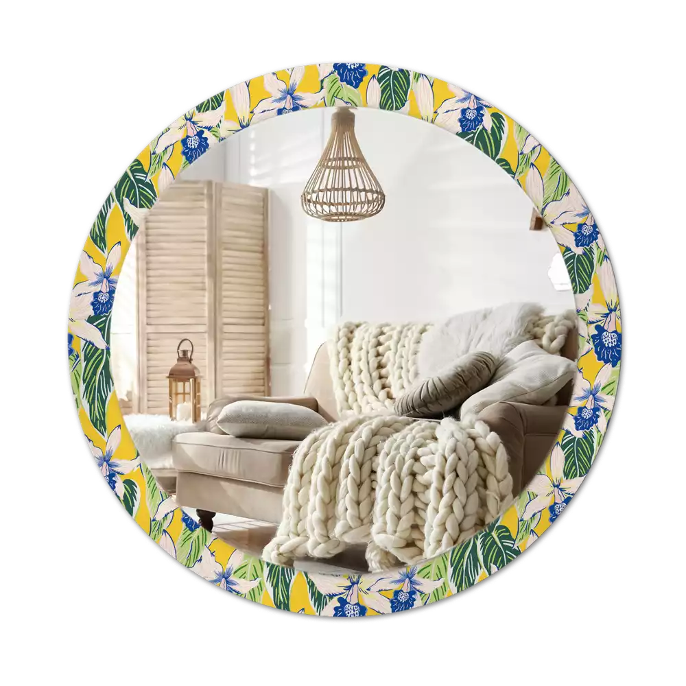 Lustro ścienne dekoracyjne w kształcie okręgu z motywem orchidei