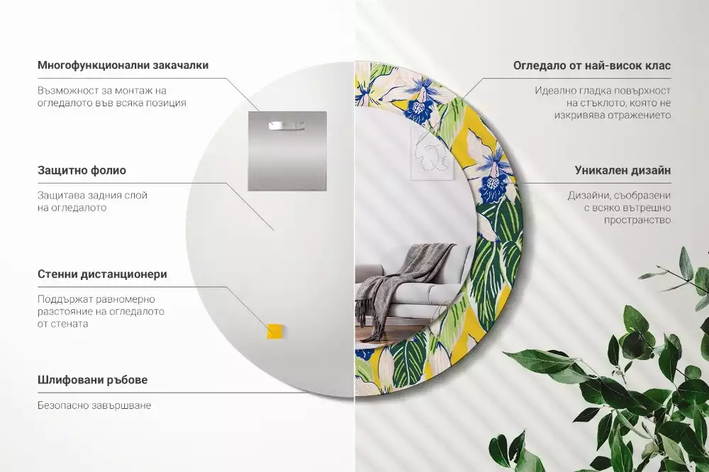 Lustro ścienne dekoracyjne w kształcie okręgu z motywem orchidei