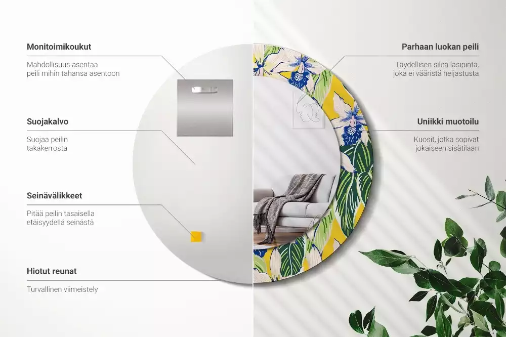 Lustro ścienne dekoracyjne w kształcie okręgu z motywem orchidei