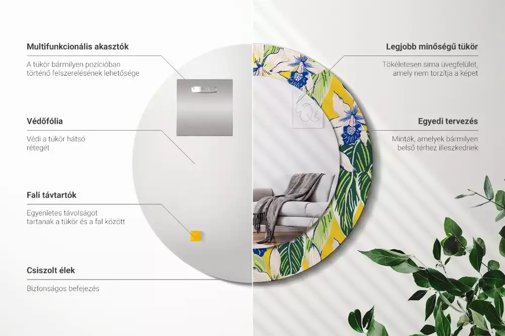 Lustro ścienne dekoracyjne w kształcie okręgu z motywem orchidei