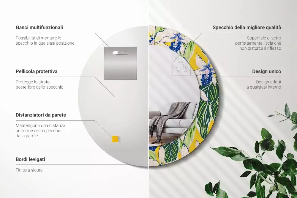 Lustro ścienne dekoracyjne w kształcie okręgu z motywem orchidei