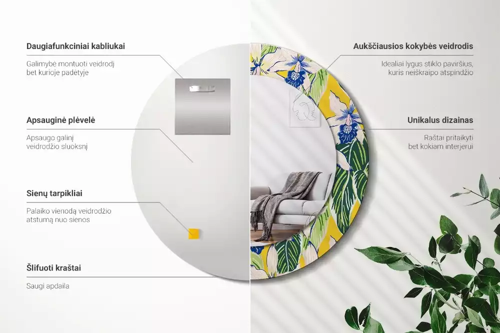 Lustro ścienne dekoracyjne w kształcie okręgu z motywem orchidei