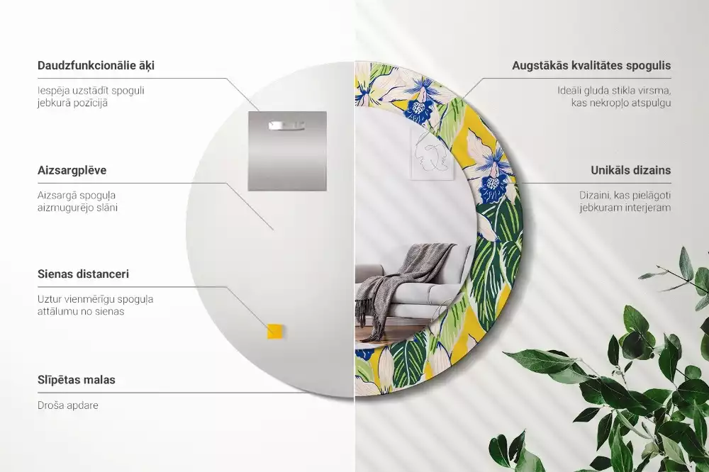 Lustro ścienne dekoracyjne w kształcie okręgu z motywem orchidei