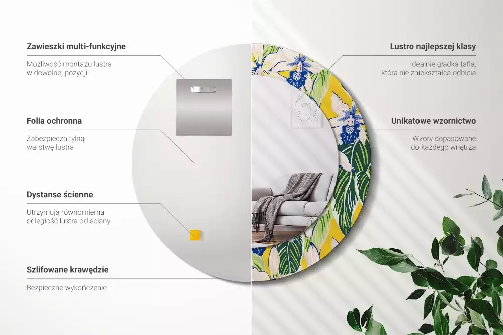 Lustro ścienne dekoracyjne w kształcie okręgu z motywem orchidei