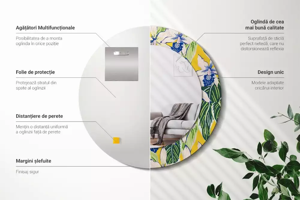 Lustro ścienne dekoracyjne w kształcie okręgu z motywem orchidei