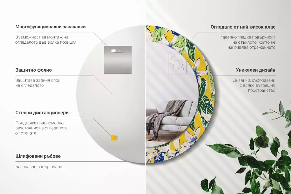 Lustro ścienne dekoracyjne w kształcie okręgu z motywem orchidei