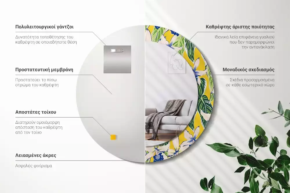 Lustro ścienne dekoracyjne w kształcie okręgu z motywem orchidei