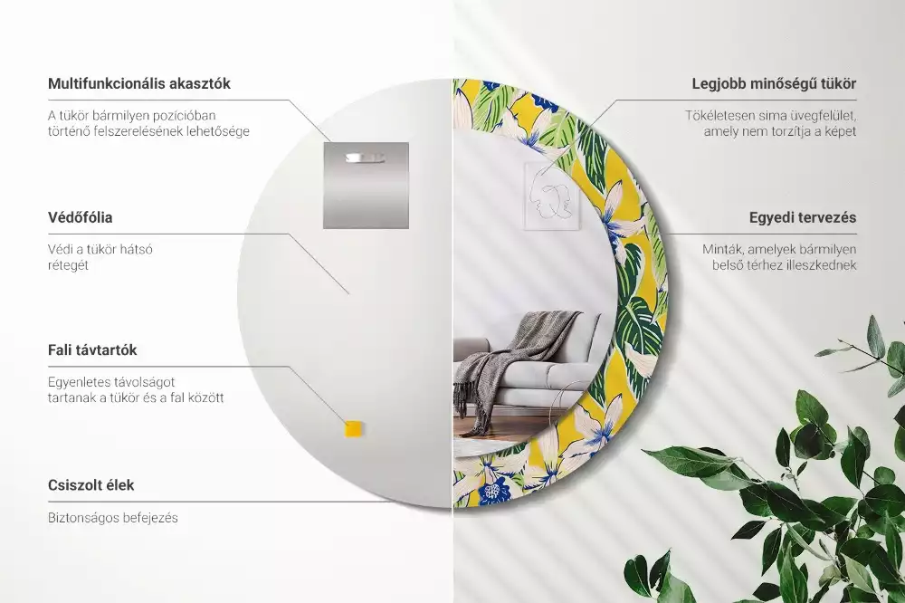 Lustro ścienne dekoracyjne w kształcie okręgu z motywem orchidei