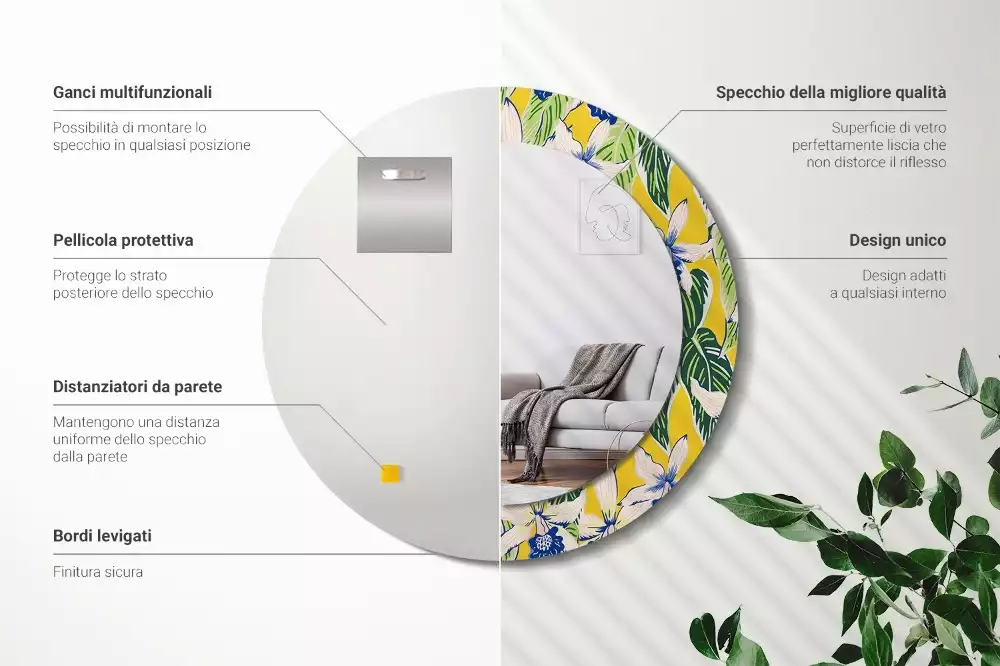 Lustro ścienne dekoracyjne w kształcie okręgu z motywem orchidei