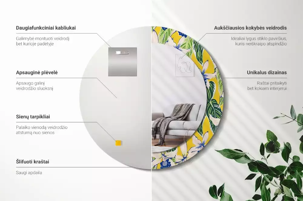 Lustro ścienne dekoracyjne w kształcie okręgu z motywem orchidei