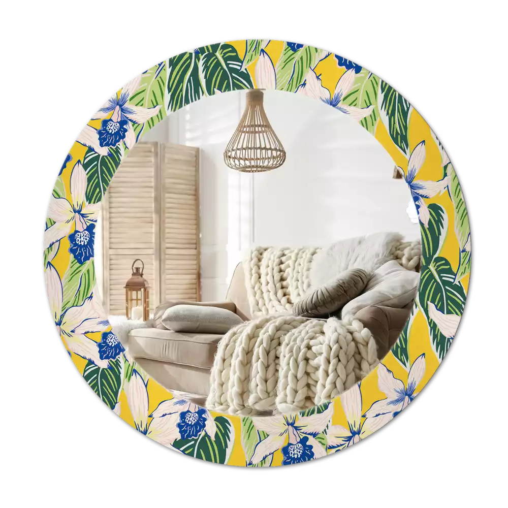 Lustro ścienne dekoracyjne w kształcie okręgu z motywem orchidei