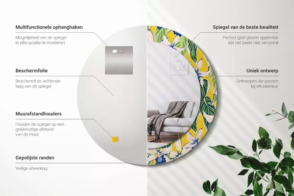 Lustro ścienne dekoracyjne w kształcie okręgu z motywem orchidei