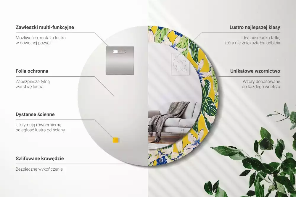 Lustro ścienne dekoracyjne w kształcie okręgu z motywem orchidei