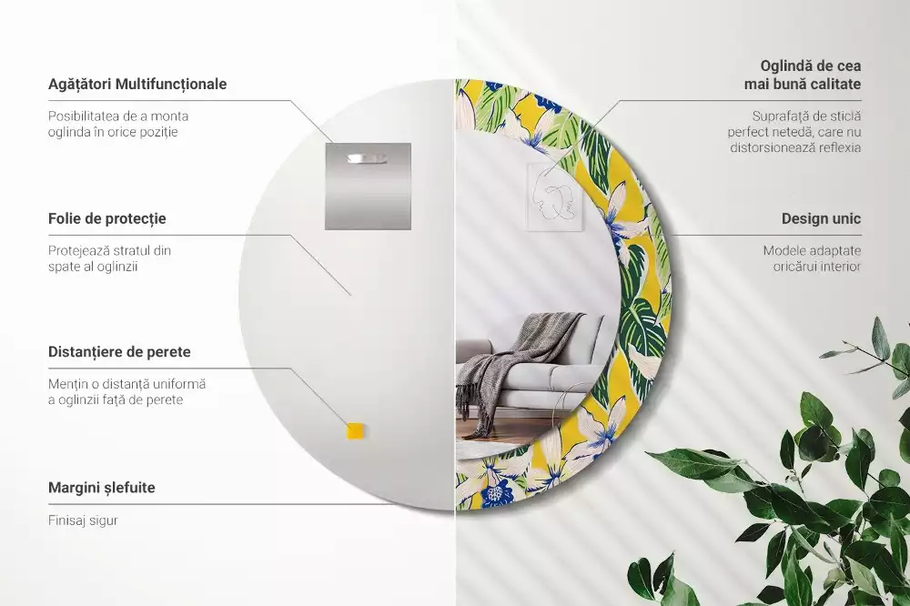 Lustro ścienne dekoracyjne w kształcie okręgu z motywem orchidei