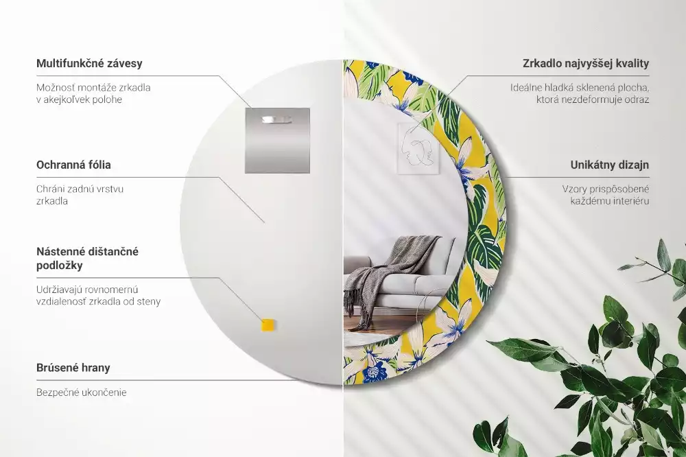 Lustro ścienne dekoracyjne w kształcie okręgu z motywem orchidei