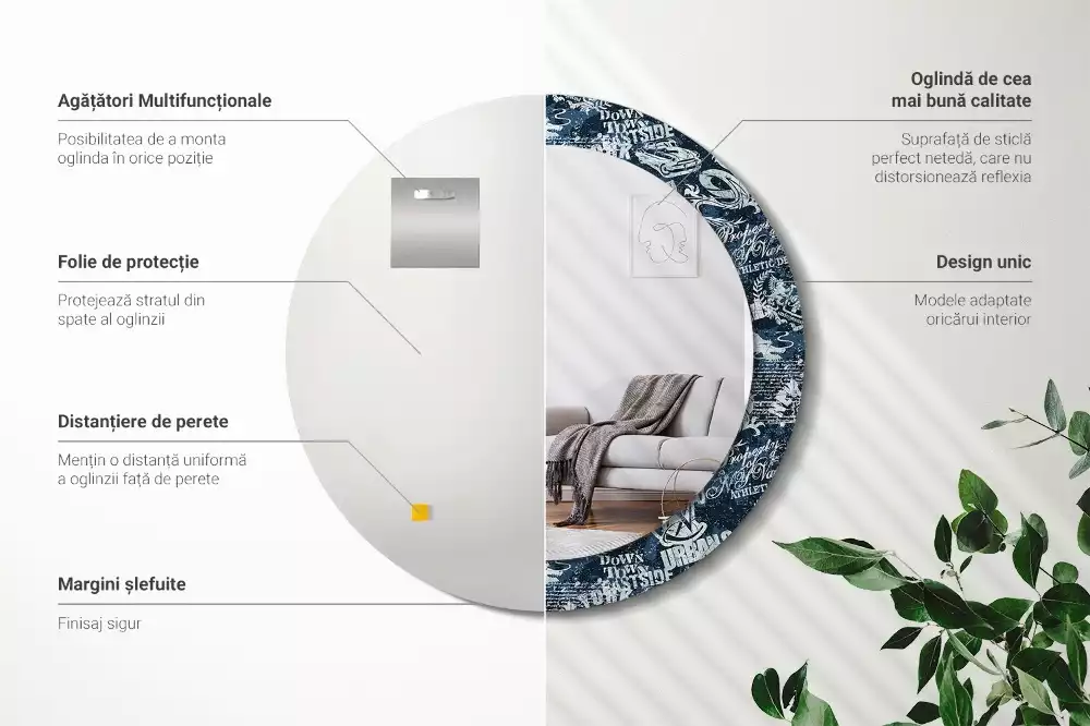 Lustro z ramą z nadrukiem w kształcie koła z motywem kolażu Nowy Jork