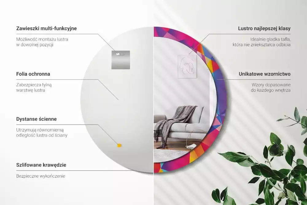 Lustro z drukowaną ramką o motywie kompozycji geometrycznej