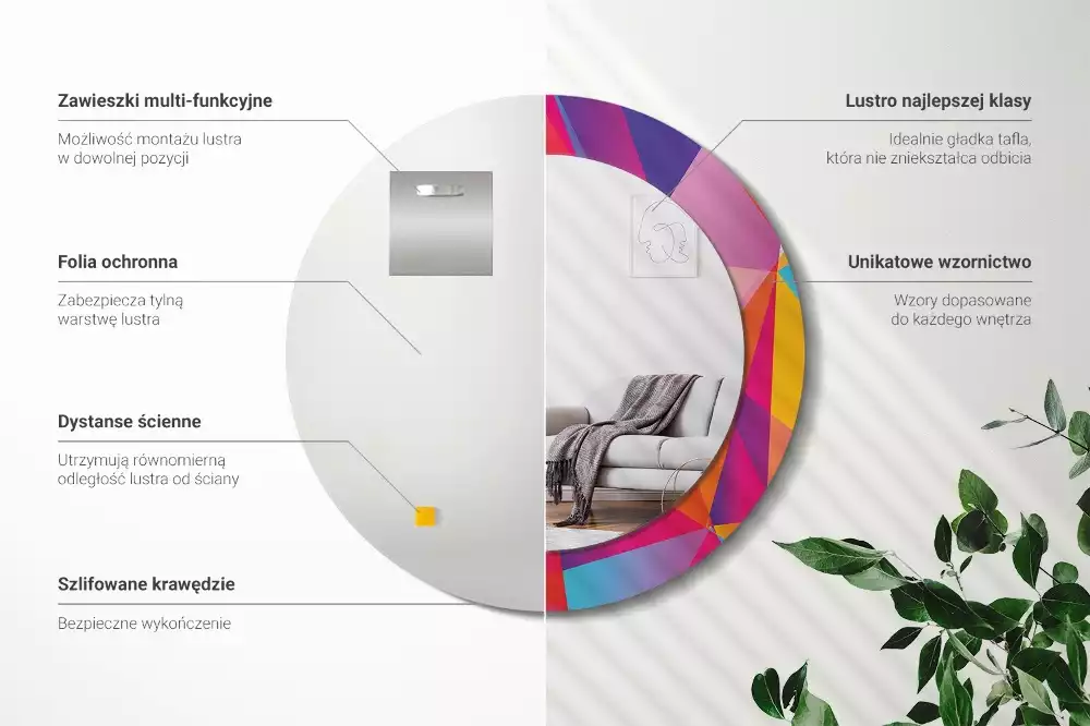 Lustro z drukowaną ramką o motywie kompozycji geometrycznej