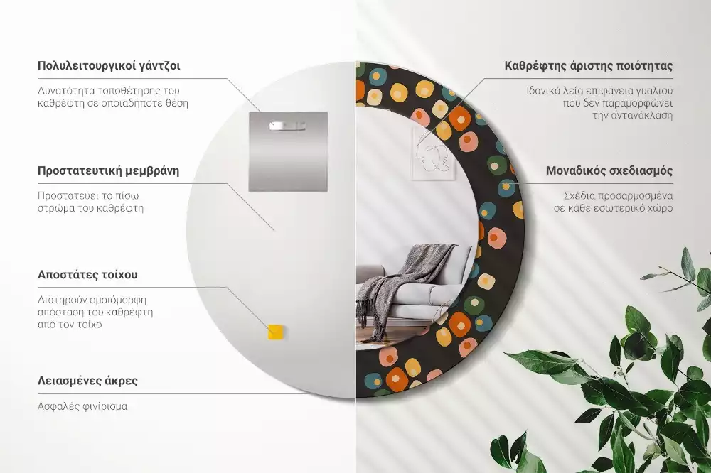 Lustro ścienne dekoracyjne w kształcie koła z motywem kropek i kwiatów