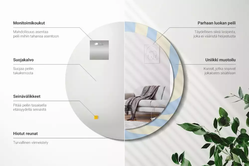 Lustro z ramą i nadrukiem o abstrakcyjnym, okrągłym kształcie