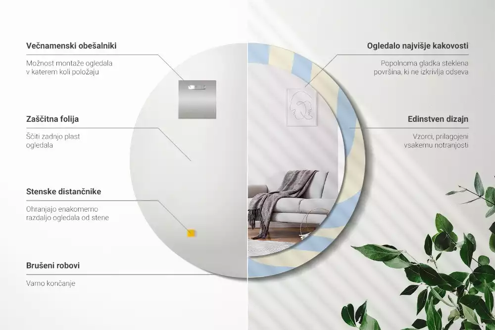 Lustro z ramą i nadrukiem o abstrakcyjnym, okrągłym kształcie