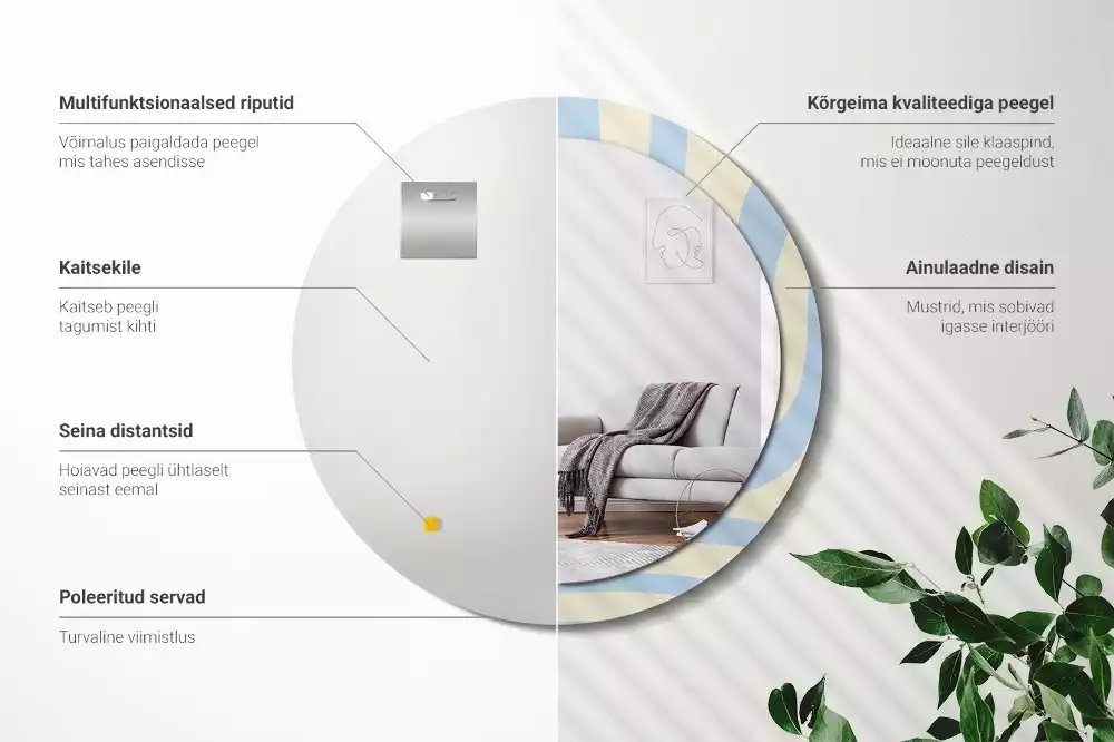 Lustro z ramą i nadrukiem o abstrakcyjnym, okrągłym kształcie