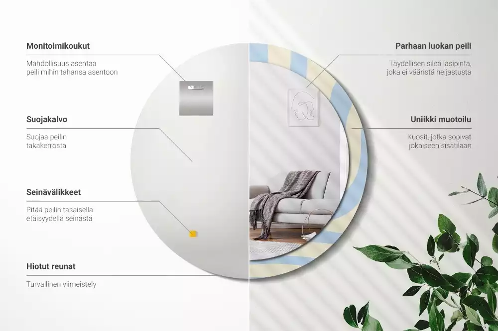 Lustro z ramą i nadrukiem o abstrakcyjnym, okrągłym kształcie