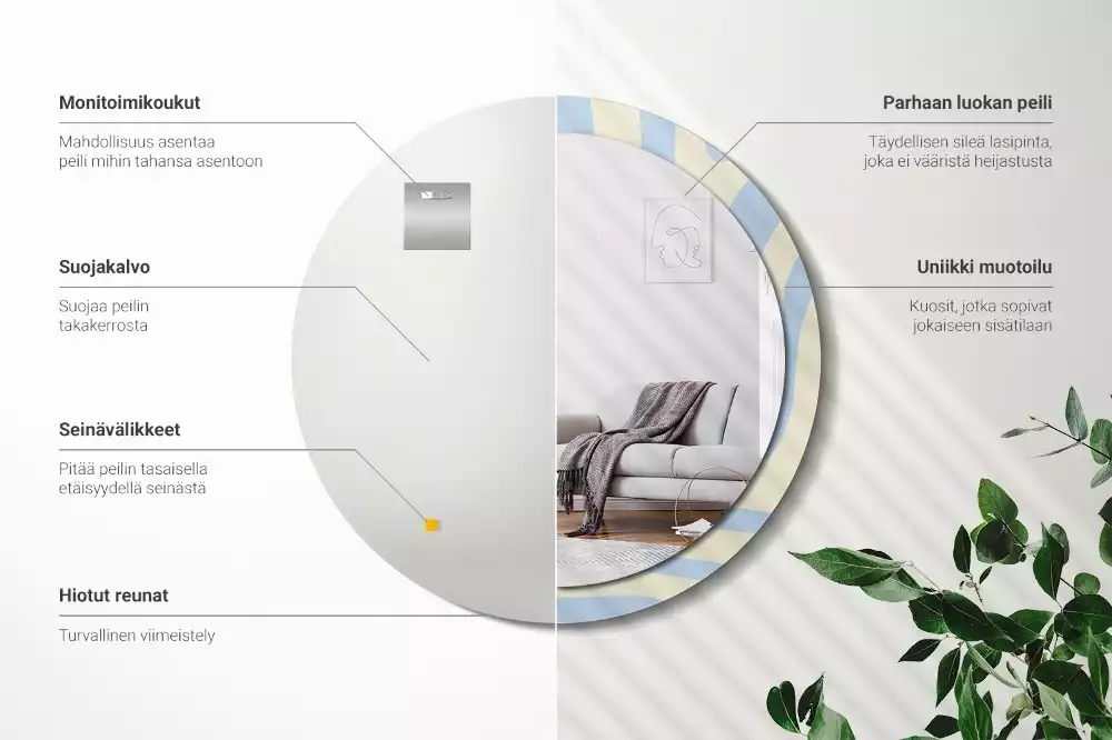 Lustro z ramą i nadrukiem o abstrakcyjnym, okrągłym kształcie