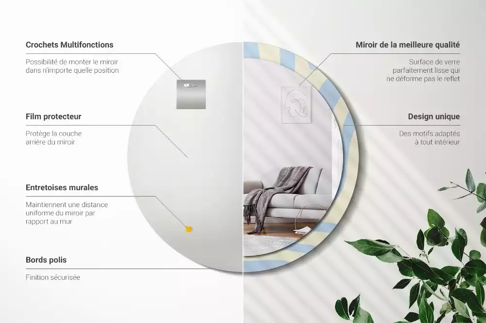 Lustro z ramą i nadrukiem o abstrakcyjnym, okrągłym kształcie