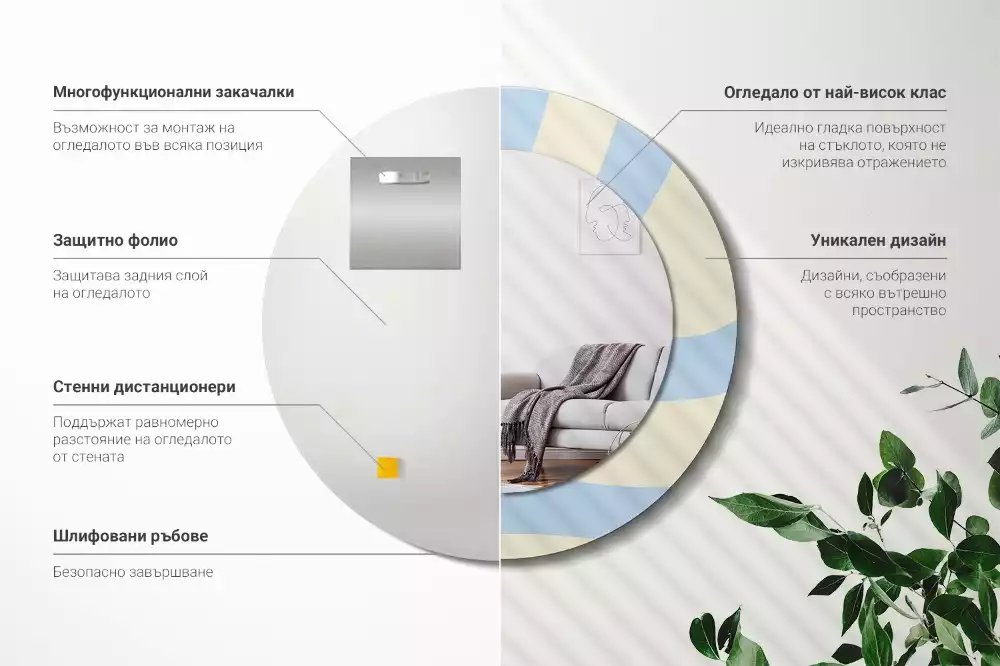 Lustro z ramą i nadrukiem o abstrakcyjnym, okrągłym kształcie