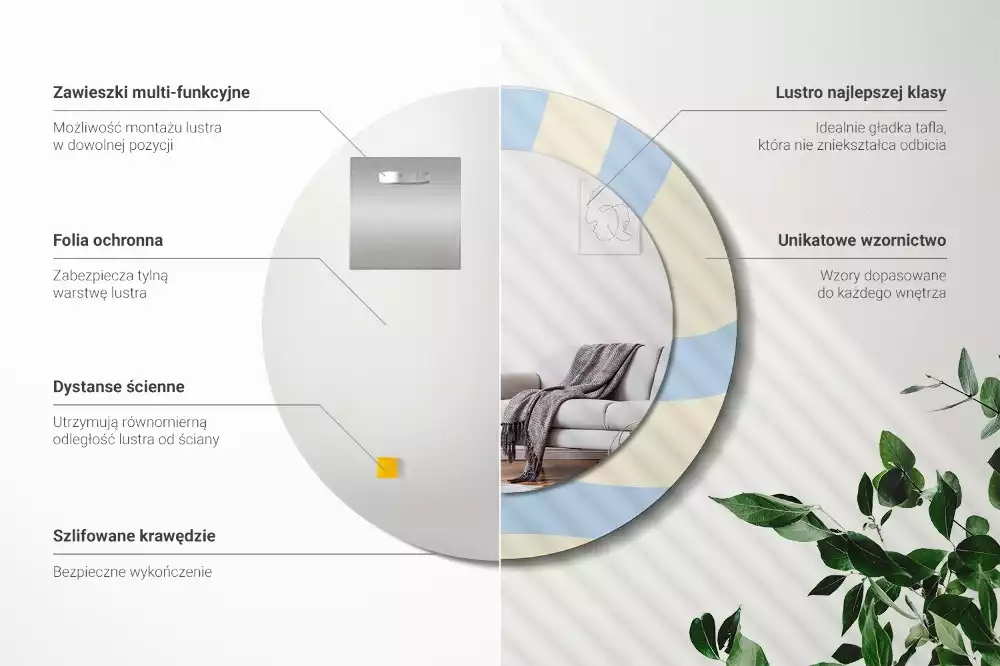 Lustro z ramą i nadrukiem o abstrakcyjnym, okrągłym kształcie