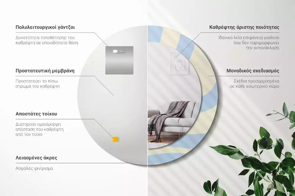 Lustro z ramą i nadrukiem o abstrakcyjnym, okrągłym kształcie