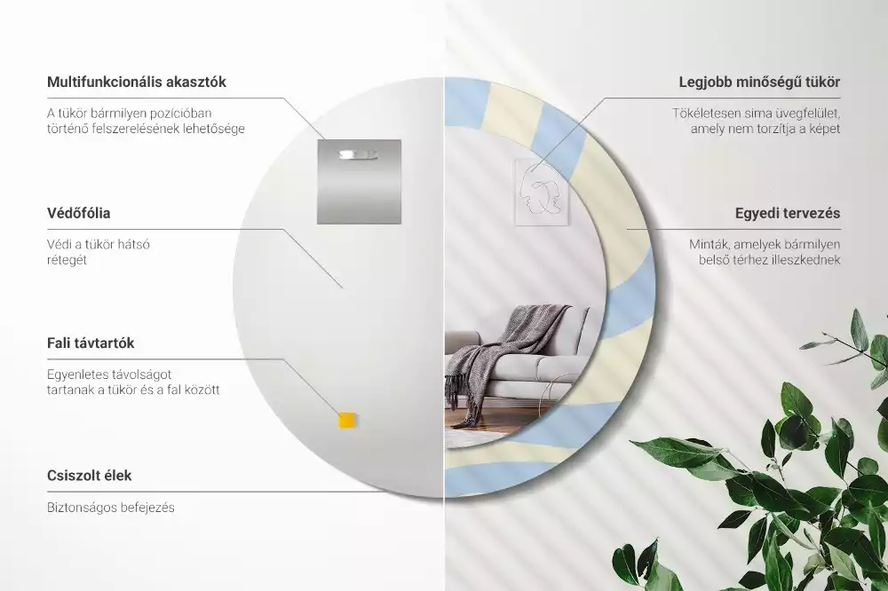 Lustro z ramą i nadrukiem o abstrakcyjnym, okrągłym kształcie