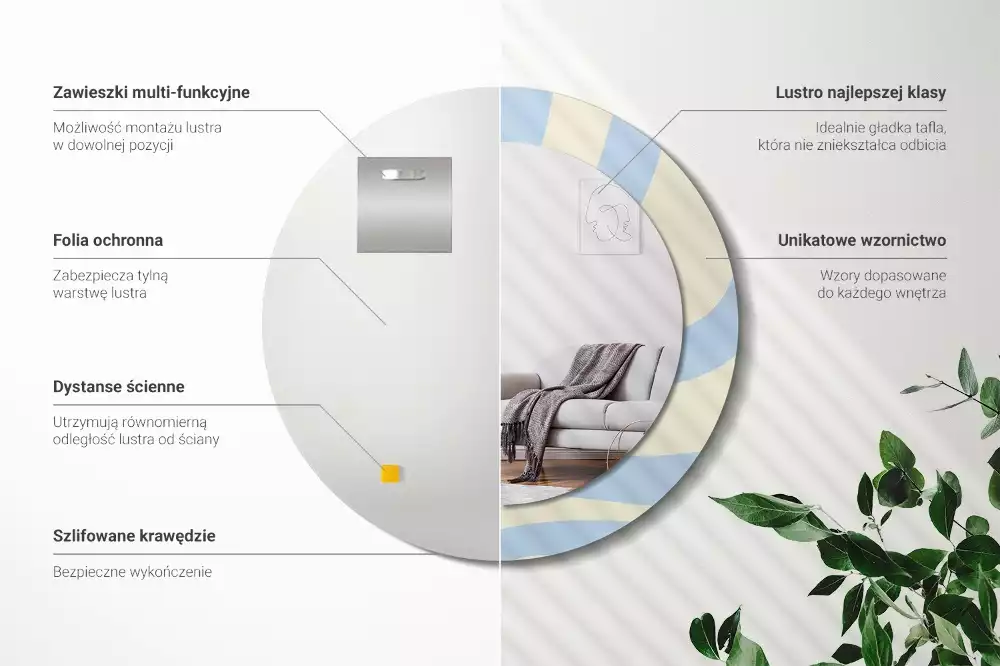 Lustro z ramą i nadrukiem o abstrakcyjnym, okrągłym kształcie