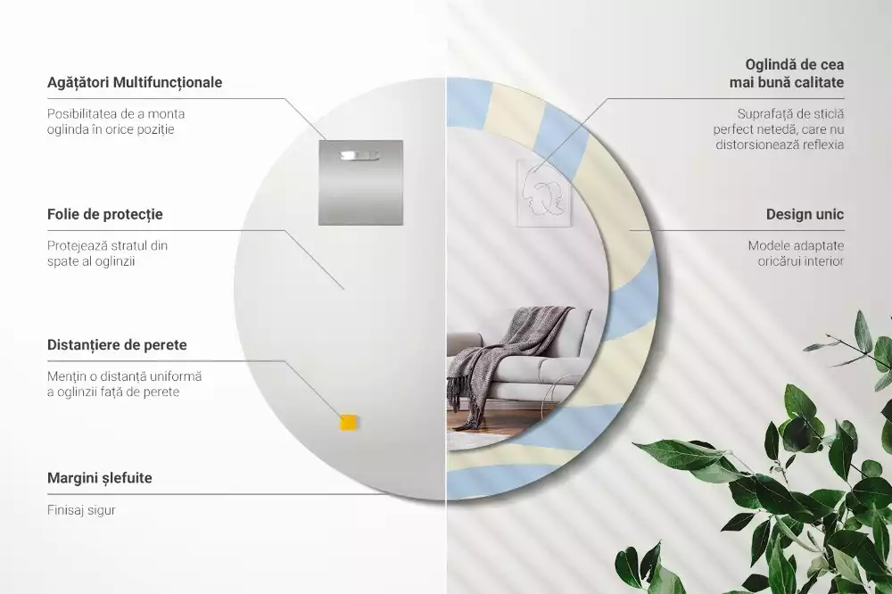 Lustro z ramą i nadrukiem o abstrakcyjnym, okrągłym kształcie