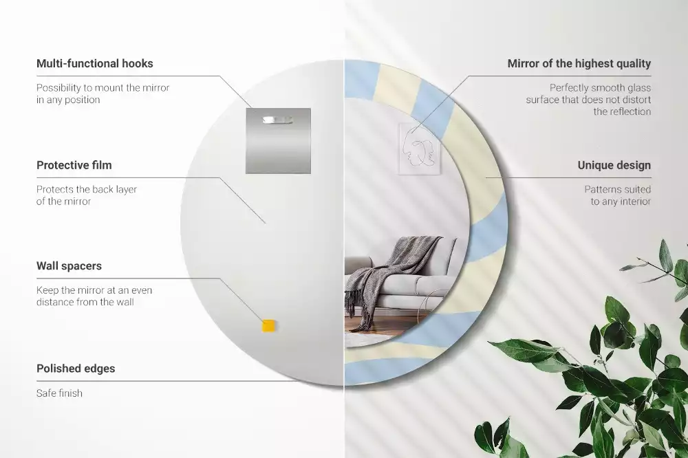 Lustro z ramą i nadrukiem o abstrakcyjnym, okrągłym kształcie