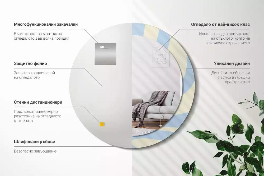 Lustro z ramą i nadrukiem o abstrakcyjnym, okrągłym kształcie